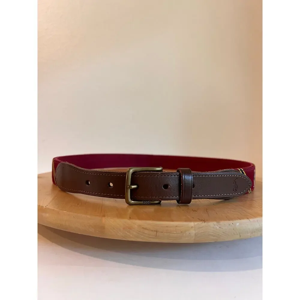 Polo Ralph Lauren Leather Maroon Sweater Bear Ribbon Belt Unisex Size 34 / Large